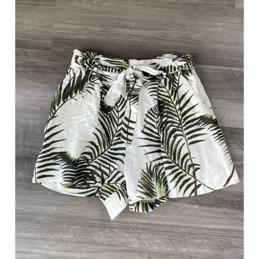 H&M White Green Floral Paperbag Shorts Size 10 Linen Belted Pockets F7